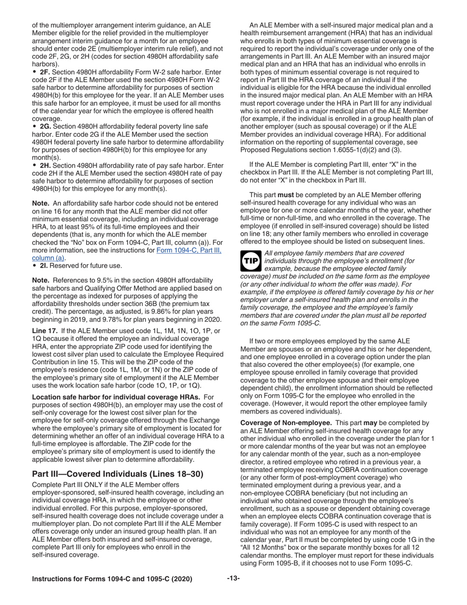 Instructions for IRS Form 1094-C, 1095-C, Page 13