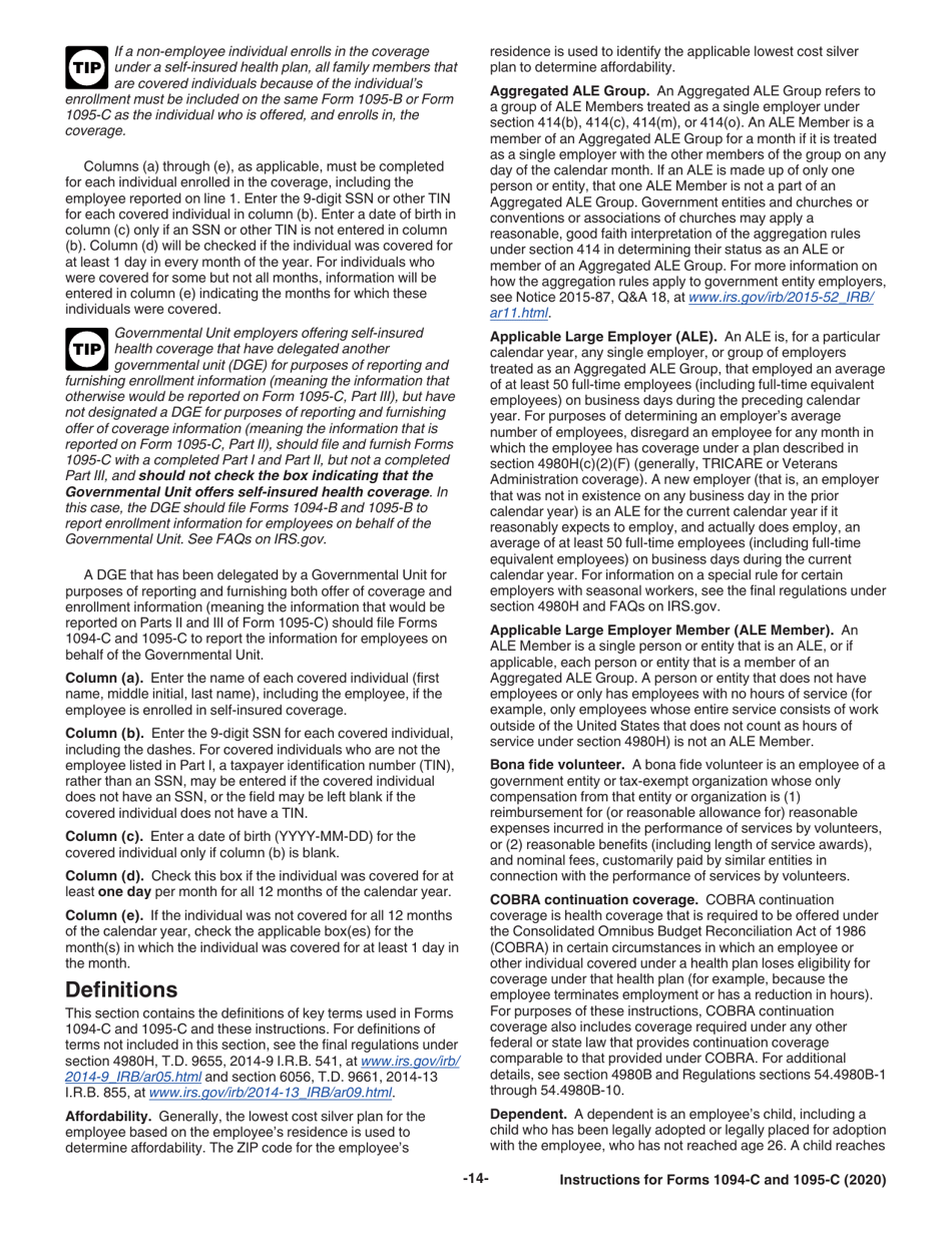 Instructions for IRS Form 1094-C, 1095-C, Page 14