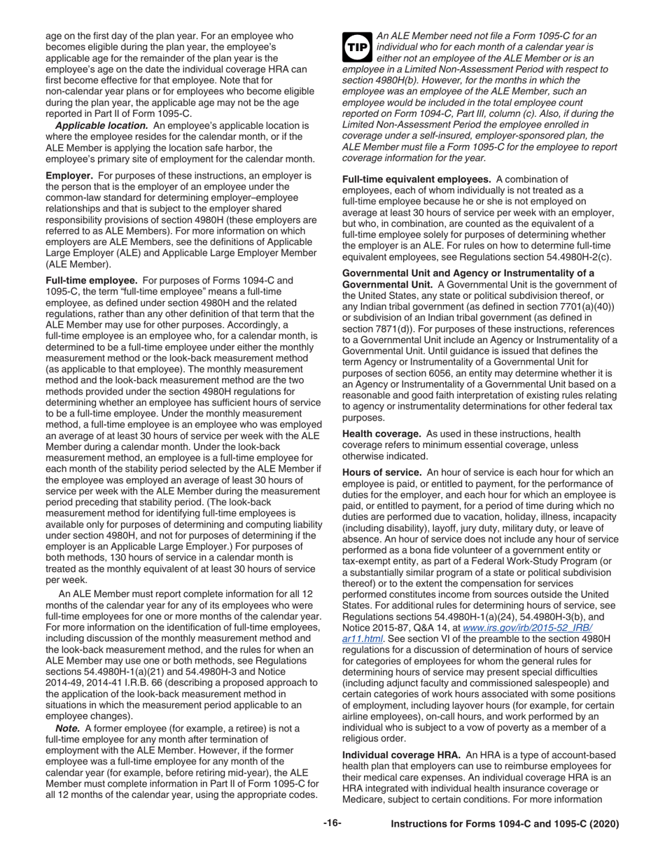 Instructions for IRS Form 1094-C, 1095-C, Page 16