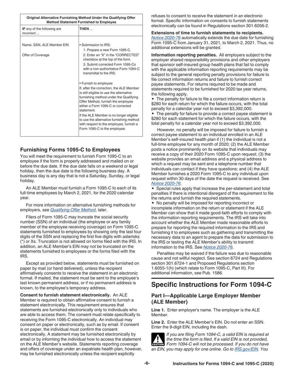 Instructions for IRS Form 1094-C, 1095-C, Page 6