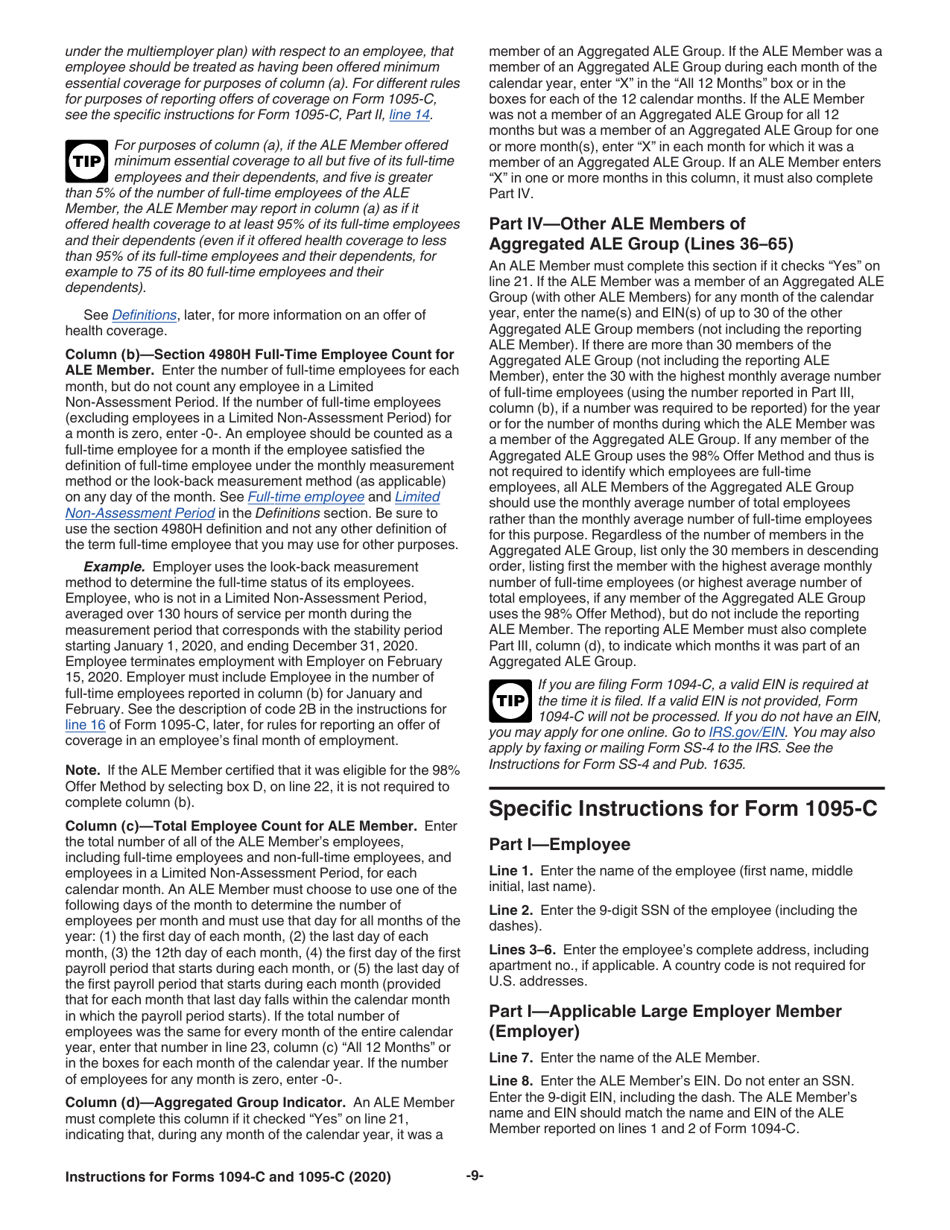 Instructions for IRS Form 1094-C, 1095-C, Page 9