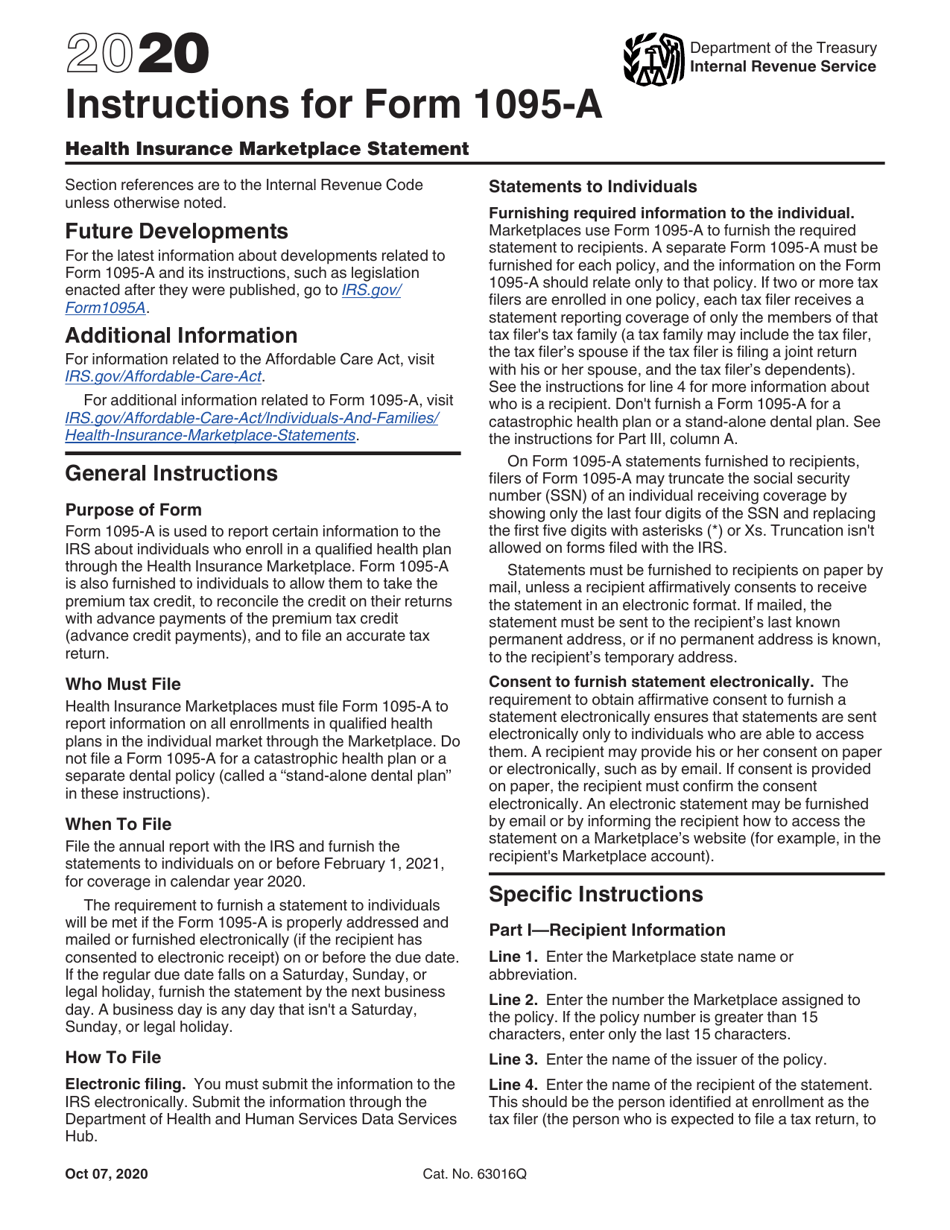 Instructions for IRS Form 1095-A Health Insurance Marketplace Statement, Page 1
