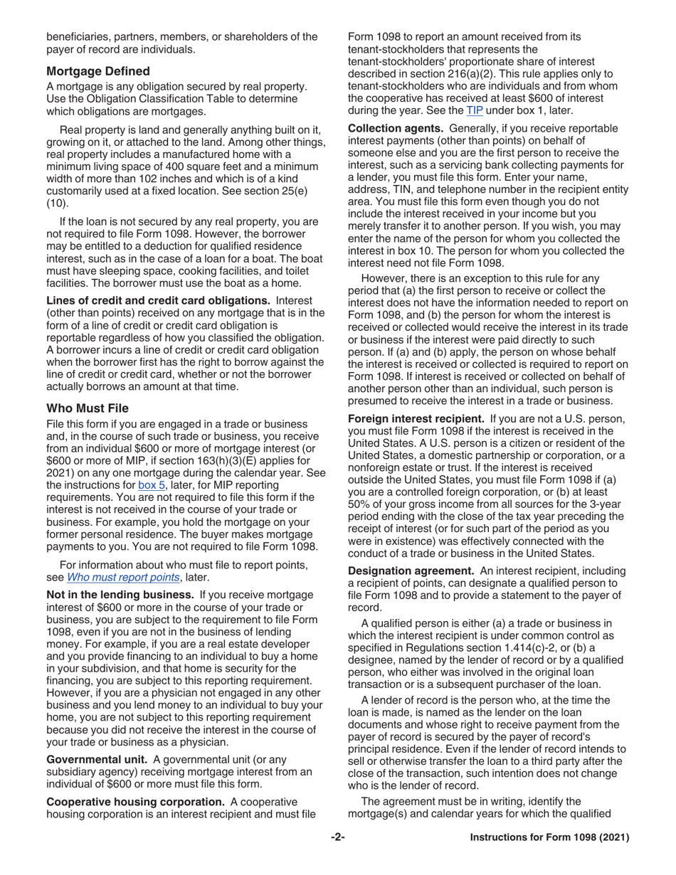 Instructions for IRS Form 1098 Mortgage Interest Statement, Page 2