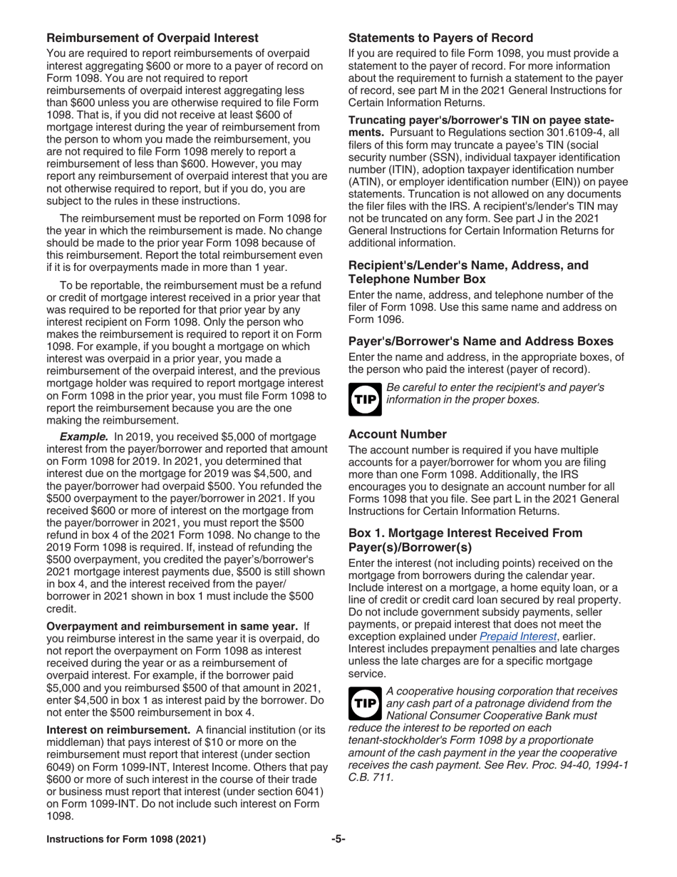 Instructions for IRS Form 1098 Mortgage Interest Statement, Page 5