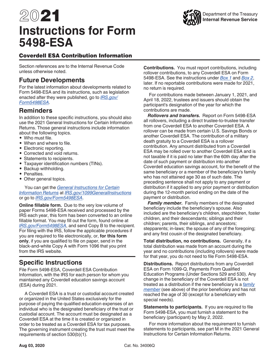 Download Instructions for IRS Form 5498ESA Coverdell Esa Contribution