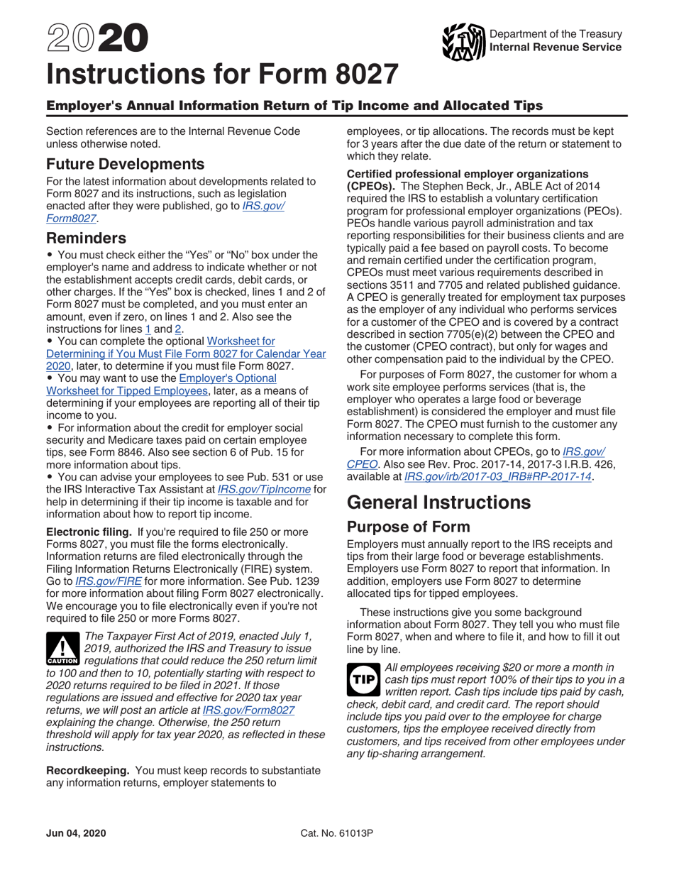 Download Instructions for IRS Form 8027 Employer's Annual Information ...