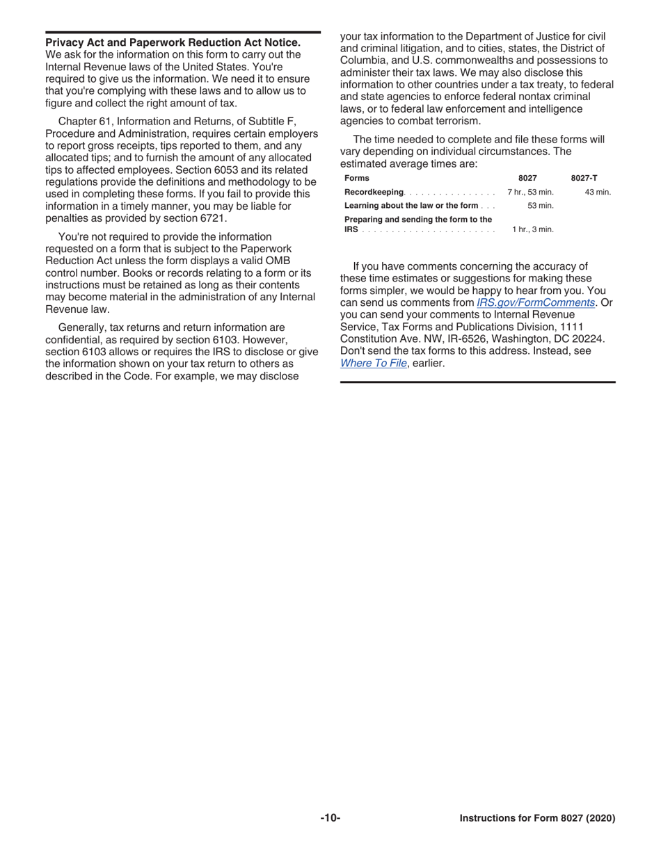 Instructions for IRS Form 8027 Employers Annual Information Return of Tip Income and Allocated Tips, Page 10