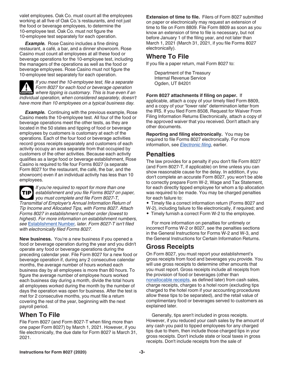 Instructions for IRS Form 8027 Employers Annual Information Return of Tip Income and Allocated Tips, Page 3