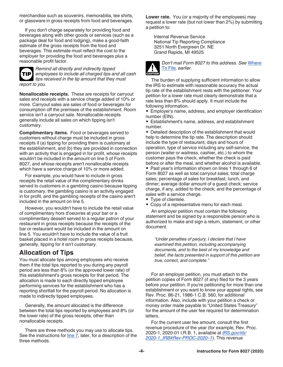 Instructions for IRS Form 8027 Employers Annual Information Return of Tip Income and Allocated Tips, Page 4
