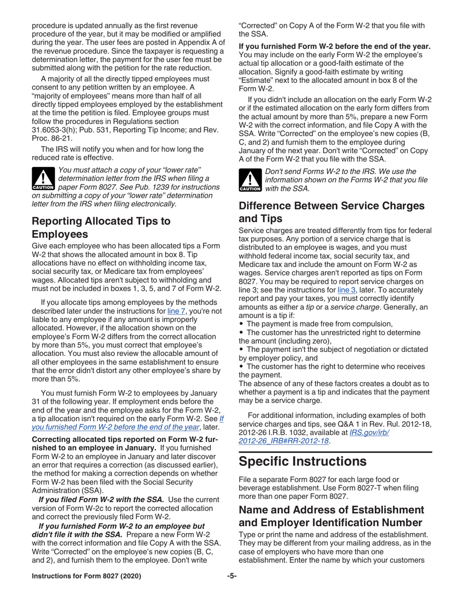 Instructions for IRS Form 8027 Employers Annual Information Return of Tip Income and Allocated Tips, Page 5