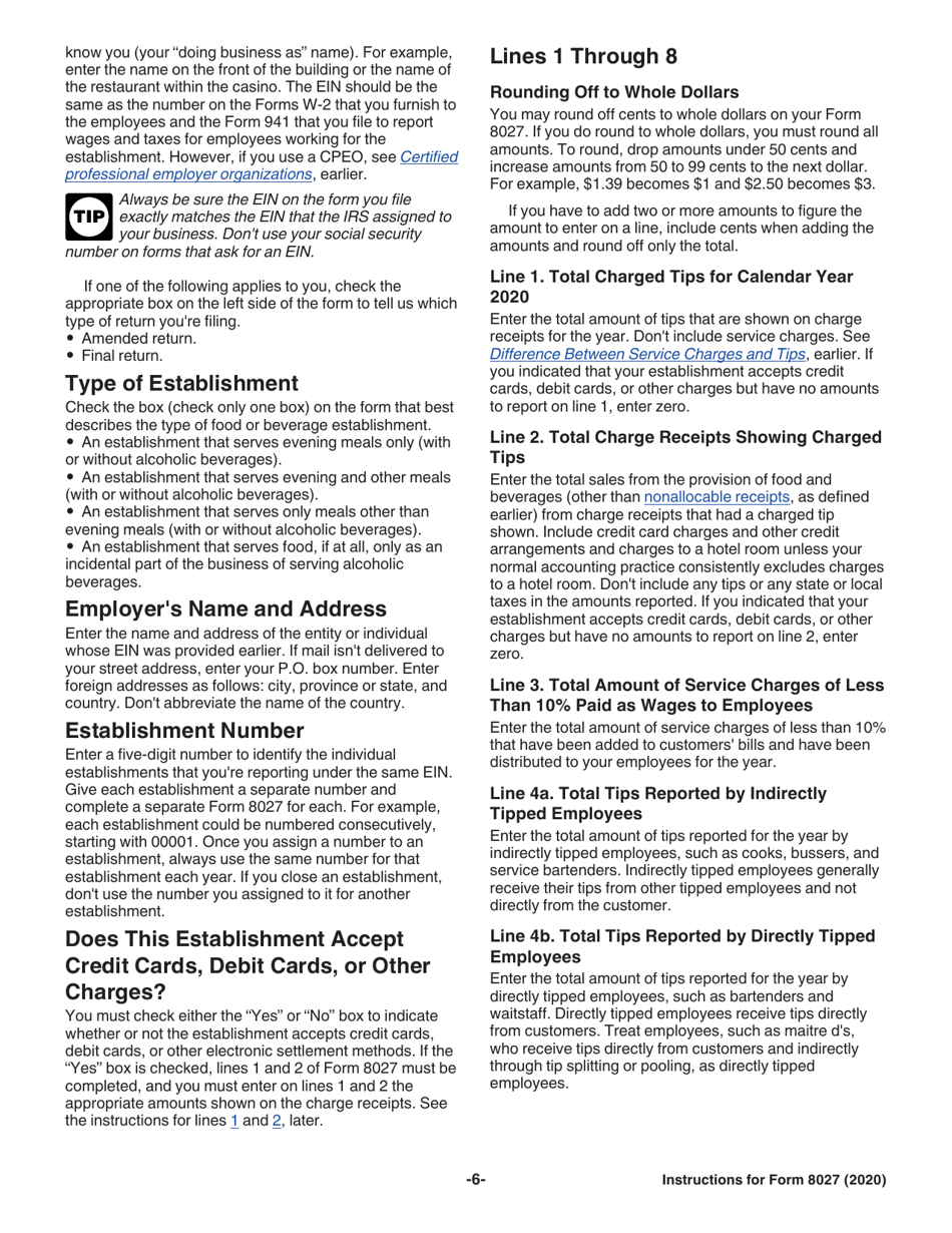 Instructions for IRS Form 8027 Employers Annual Information Return of Tip Income and Allocated Tips, Page 6
