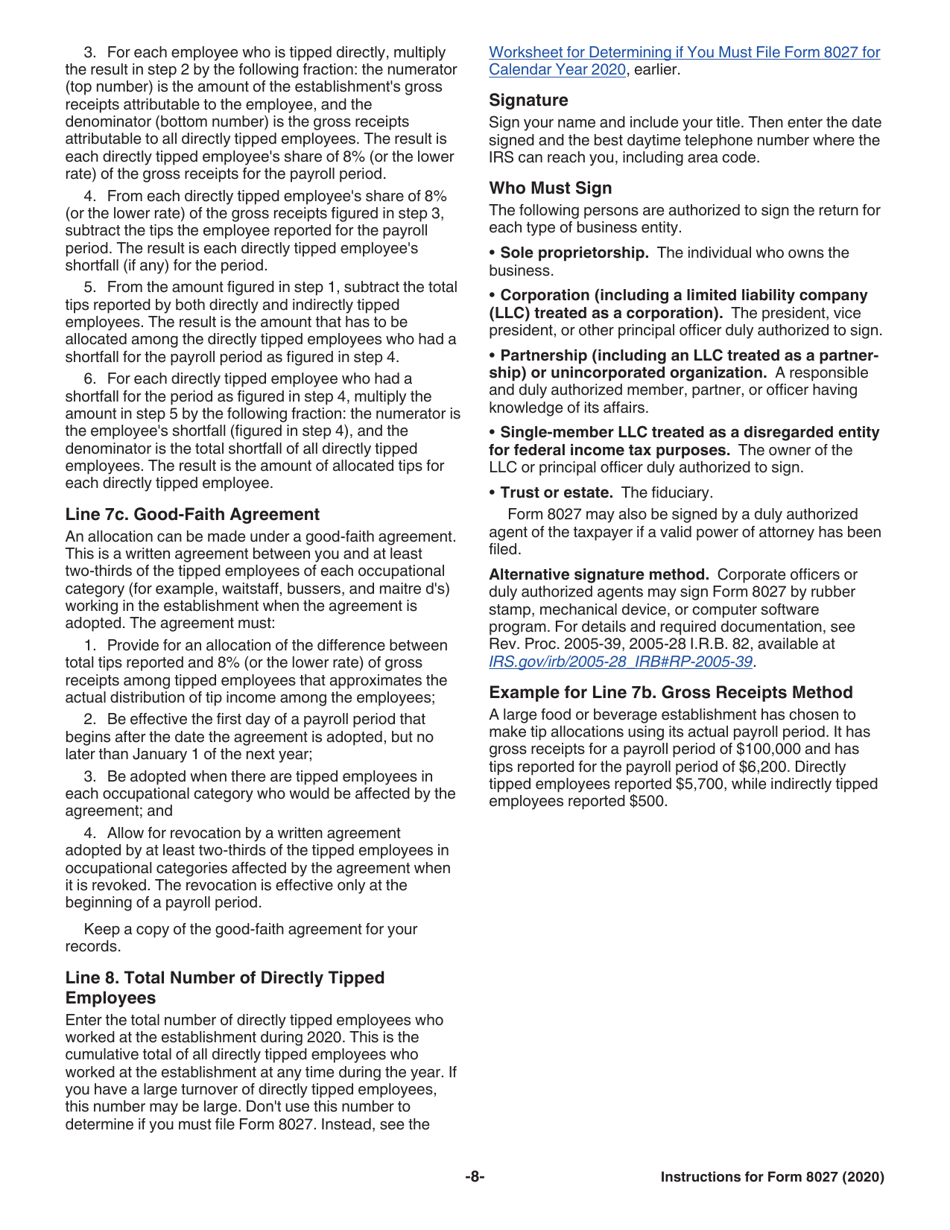 Instructions for IRS Form 8027 Employers Annual Information Return of Tip Income and Allocated Tips, Page 8