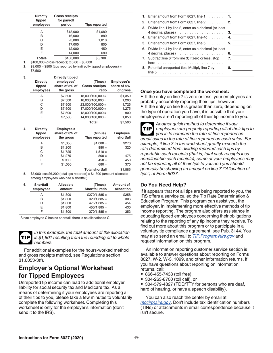 Instructions for IRS Form 8027 Employers Annual Information Return of Tip Income and Allocated Tips, Page 9