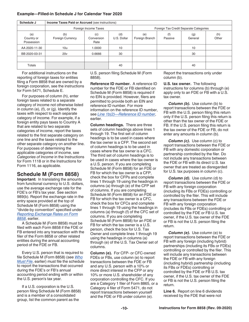 Instructions for IRS Form 8858 Information Return of U.S. Persons With Respect to Foreign Disregarded Entities (Fdes) and Foreign Branches (Fbs), Page 10