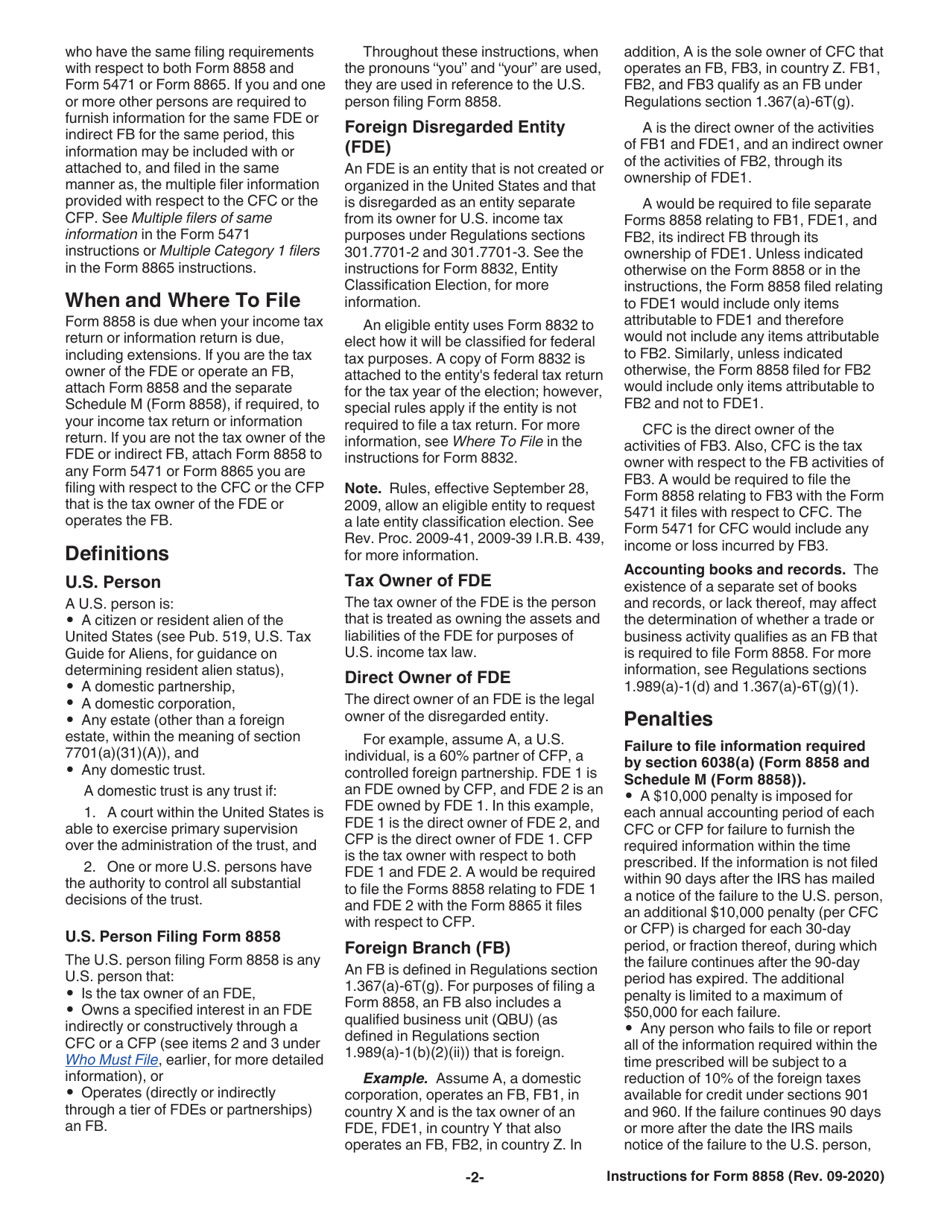 Instructions for IRS Form 8858 Information Return of U.S. Persons With Respect to Foreign Disregarded Entities (Fdes) and Foreign Branches (Fbs), Page 2