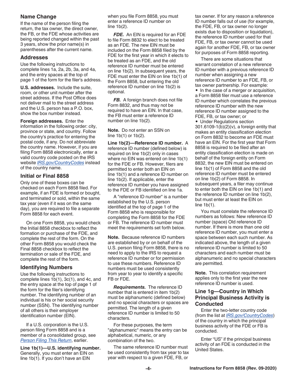 Instructions for IRS Form 8858 Information Return of U.S. Persons With Respect to Foreign Disregarded Entities (Fdes) and Foreign Branches (Fbs), Page 4