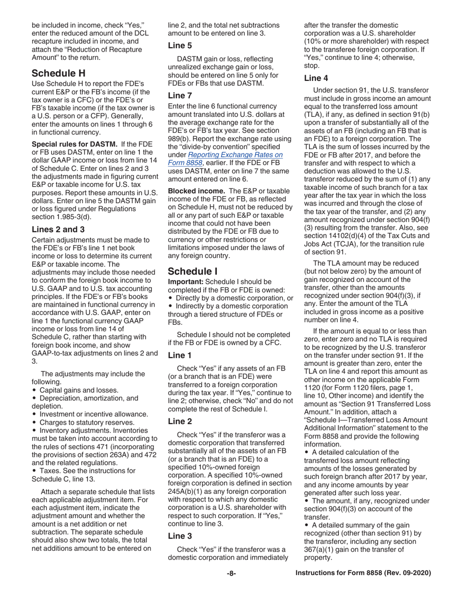 Instructions for IRS Form 8858 Information Return of U.S. Persons With Respect to Foreign Disregarded Entities (Fdes) and Foreign Branches (Fbs), Page 8