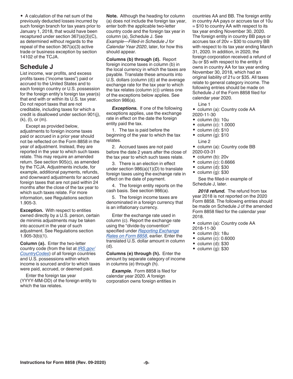 Instructions for IRS Form 8858 Information Return of U.S. Persons With Respect to Foreign Disregarded Entities (Fdes) and Foreign Branches (Fbs), Page 9