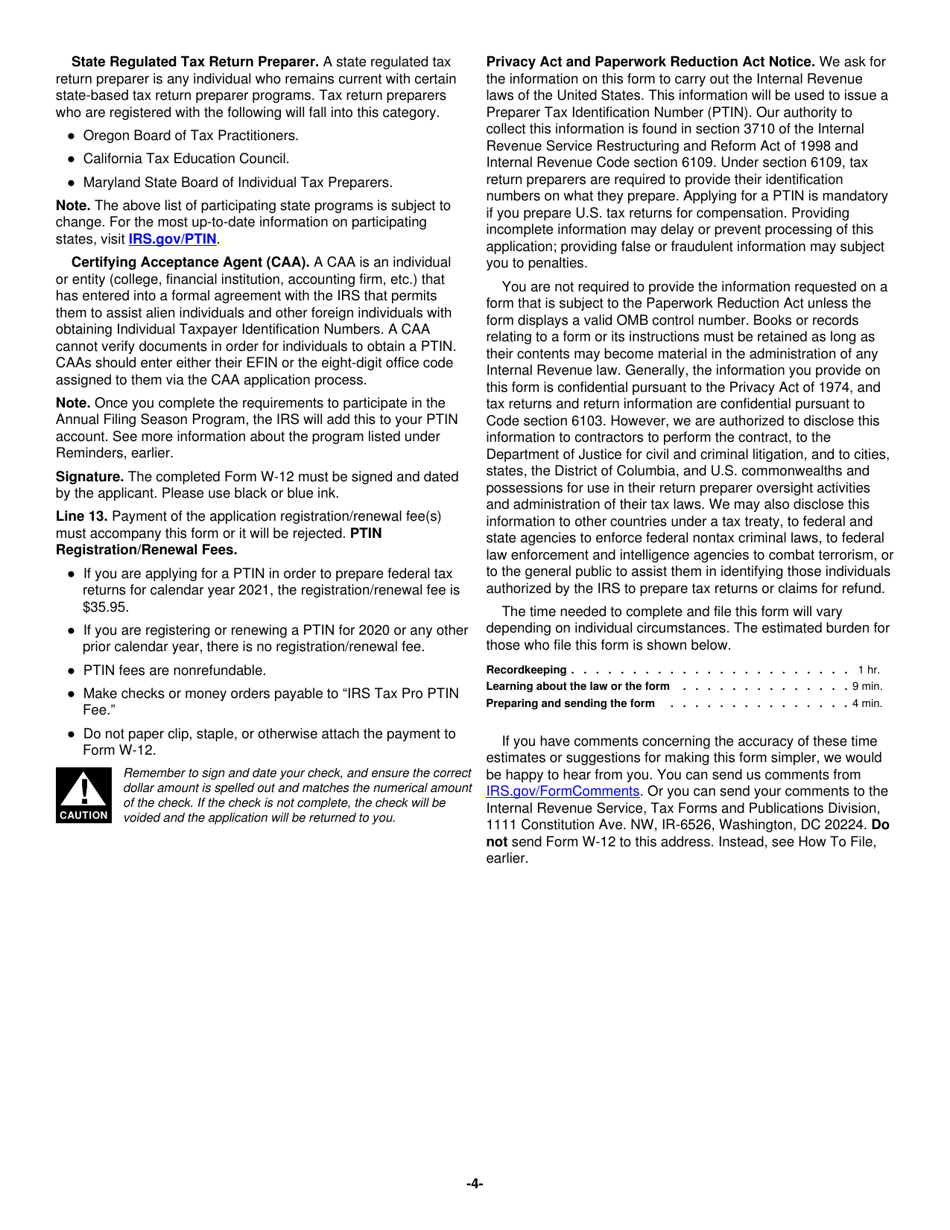 Instructions for IRS Form W-12 IRS Paid Preparer Tax Identification Number (Ptin) Application and Renewal, Page 4