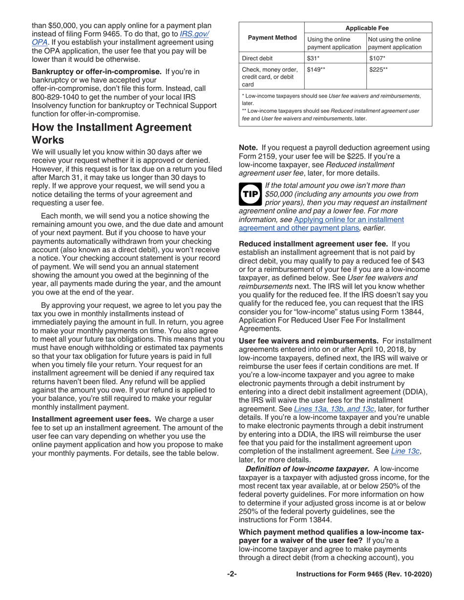 Instructions for IRS Form 9465 Installment Agreement Request, Page 2
