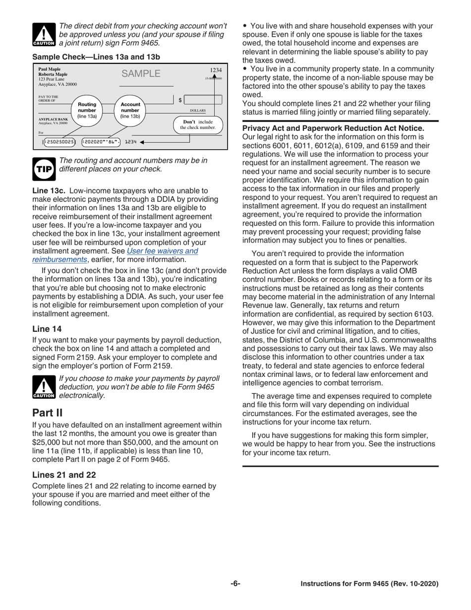 Instructions for IRS Form 9465 Installment Agreement Request, Page 6