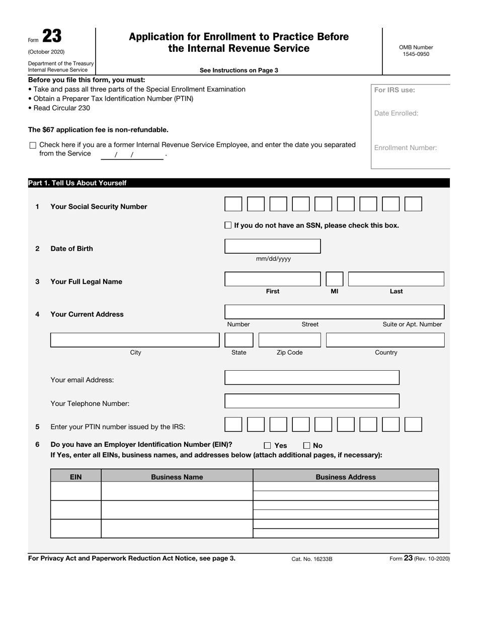 IRS Form 23 Application for Enrollment to Practice Before the Internal Revenue Service, Page 1
