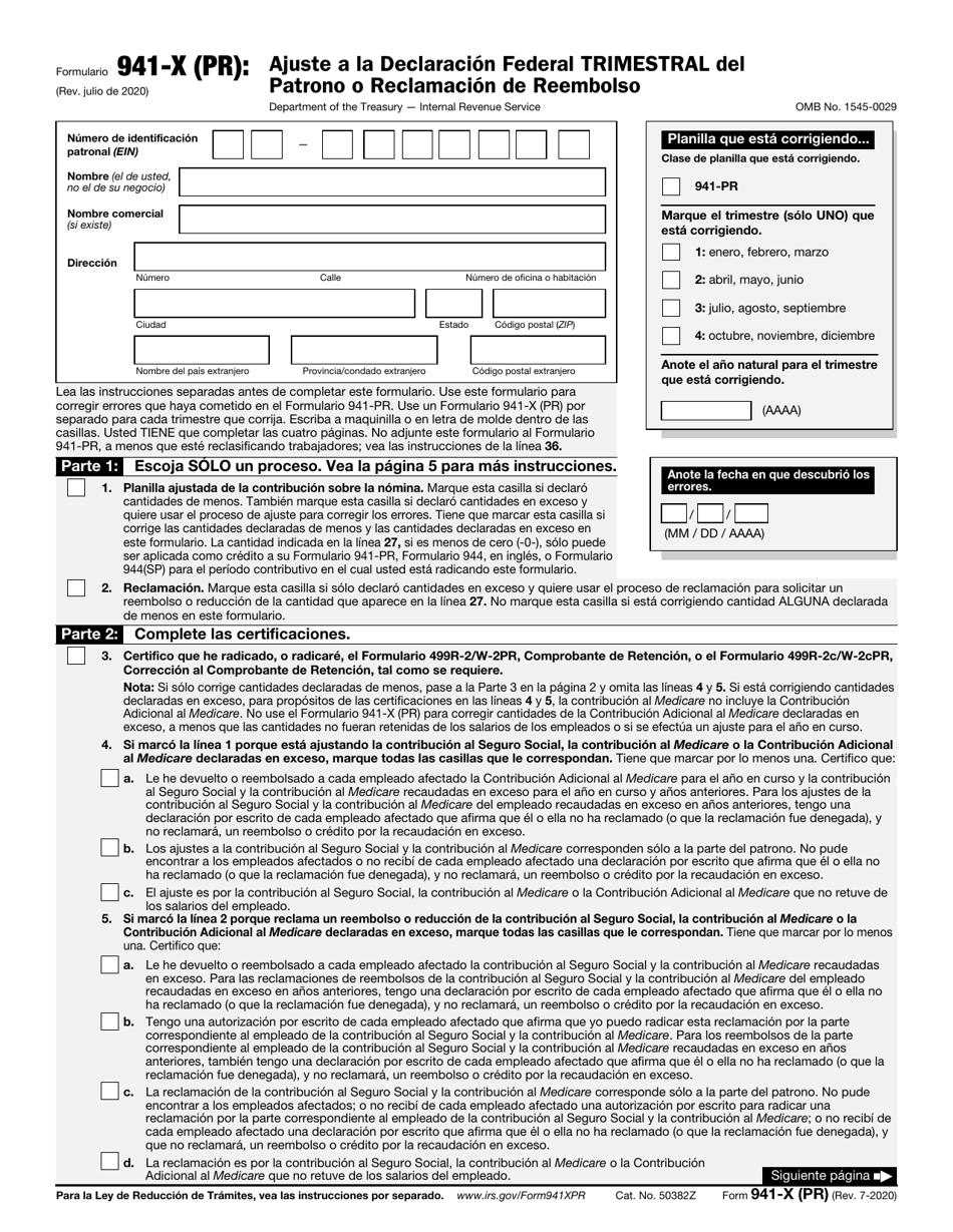 IRS Formulario 941-X (PR) Ajuste a La Declaracion Federal Trimestral Del Patrono O Reclamacion De Reembolso (Puerto Rican Spanish), Page 1