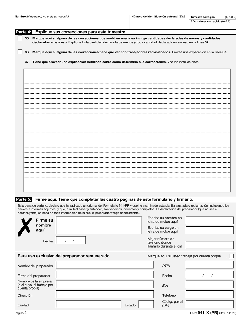 IRS Formulario 941-X (PR) Ajuste a La Declaracion Federal Trimestral Del Patrono O Reclamacion De Reembolso (Puerto Rican Spanish), Page 4
