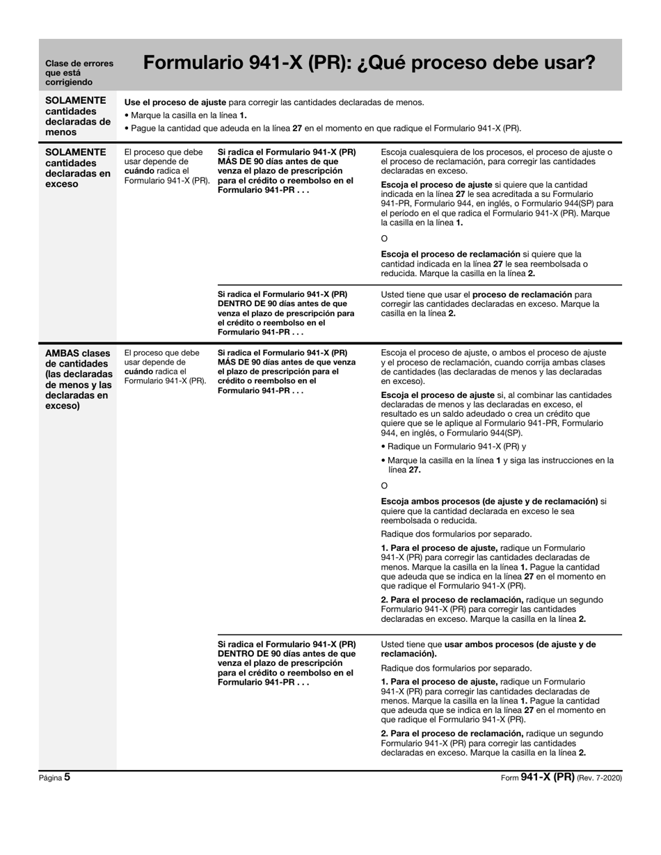 IRS Formulario 941-X (PR) Ajuste a La Declaracion Federal Trimestral Del Patrono O Reclamacion De Reembolso (Puerto Rican Spanish), Page 5