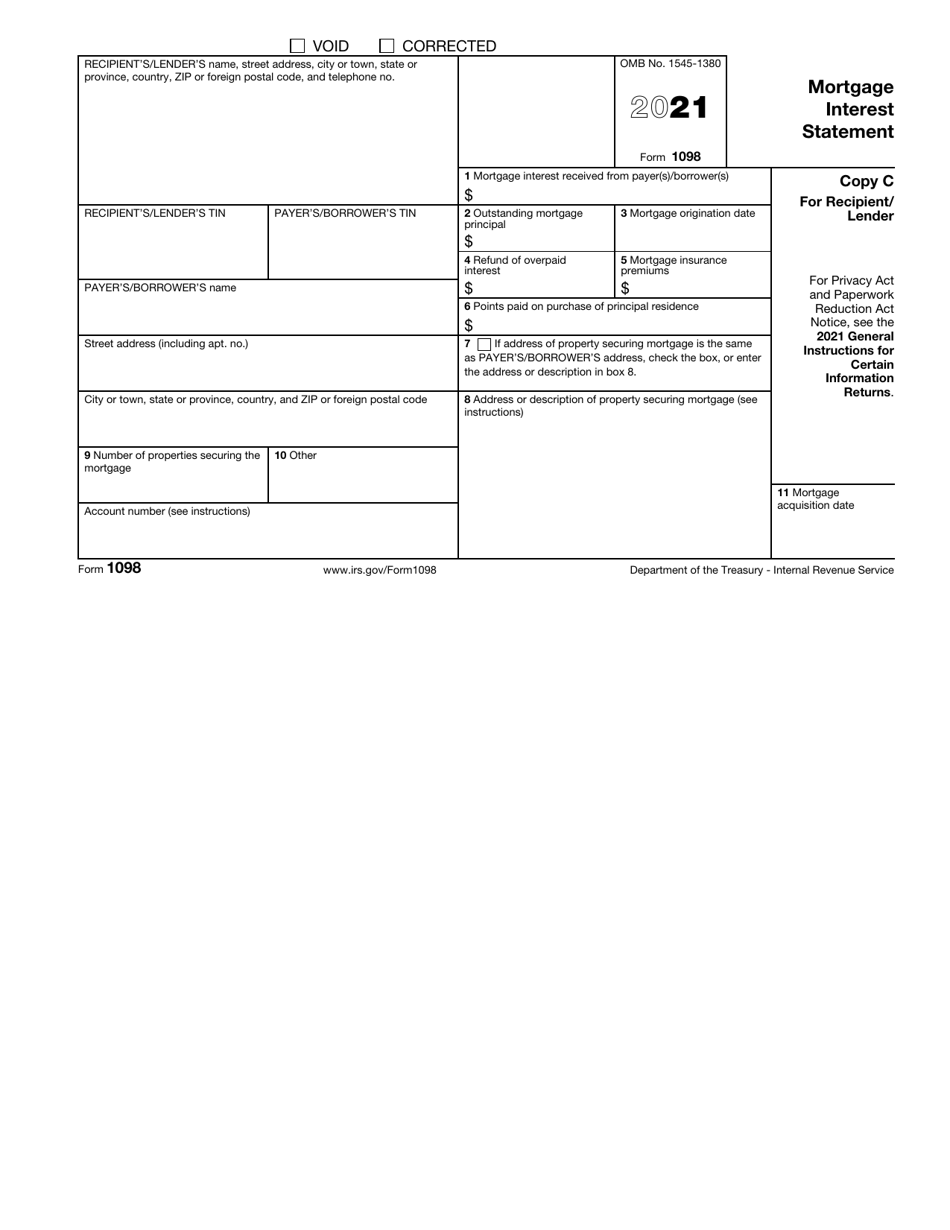 IRS Form 1098 Download Fillable PDF or Fill Online Mortgage Interest ...