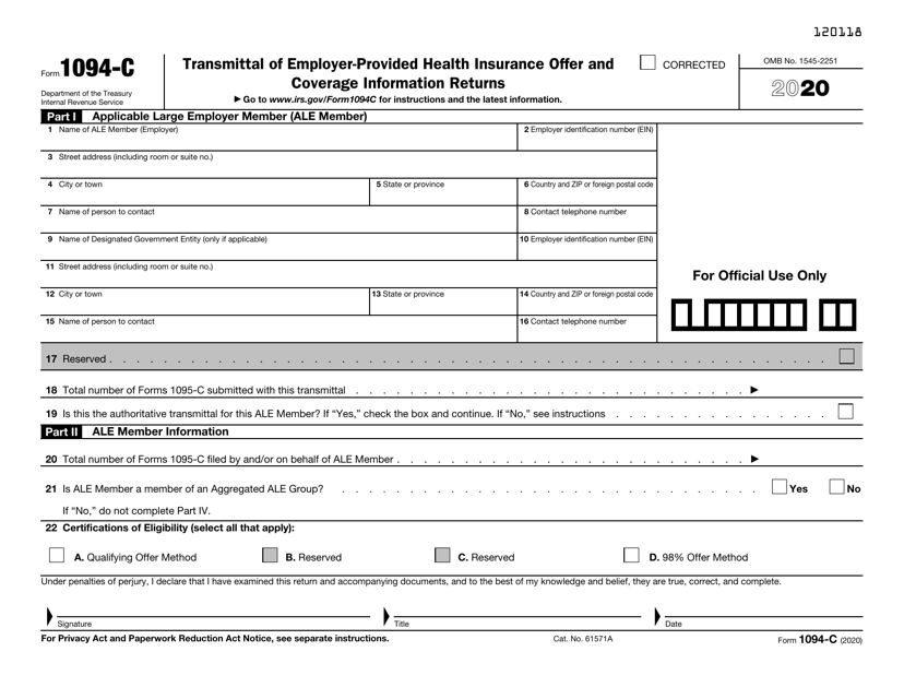 Irs Form 1094 C Download Fillable Pdf Or Fill Online Transmittal Of Employer Provided Health Insurance Offer And Coverage Information Returns Templateroller