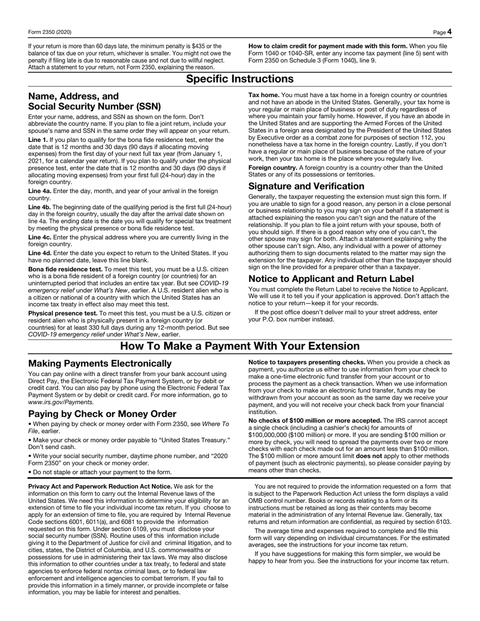 IRS Form 2350 Application for Extension of Time to File U.S. Income Tax Return, Page 4