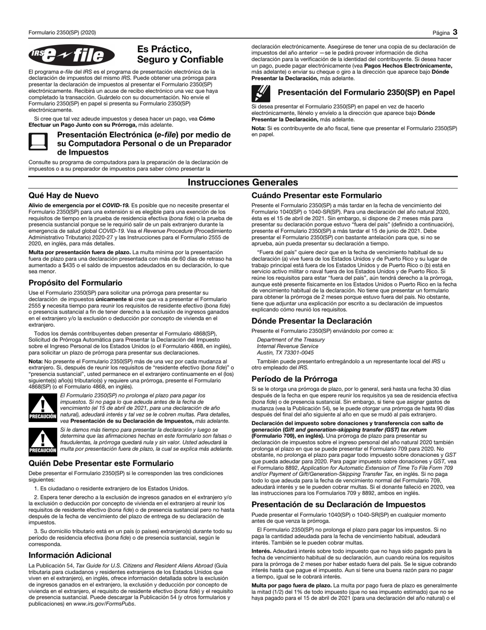IRS Formulario 2350 (SP) Solicitud De Prorroga Para Presentar La Declaracion Del Impuesto Sobre El Ingreso Personal De Los Estados Unidos (Spanish), Page 3