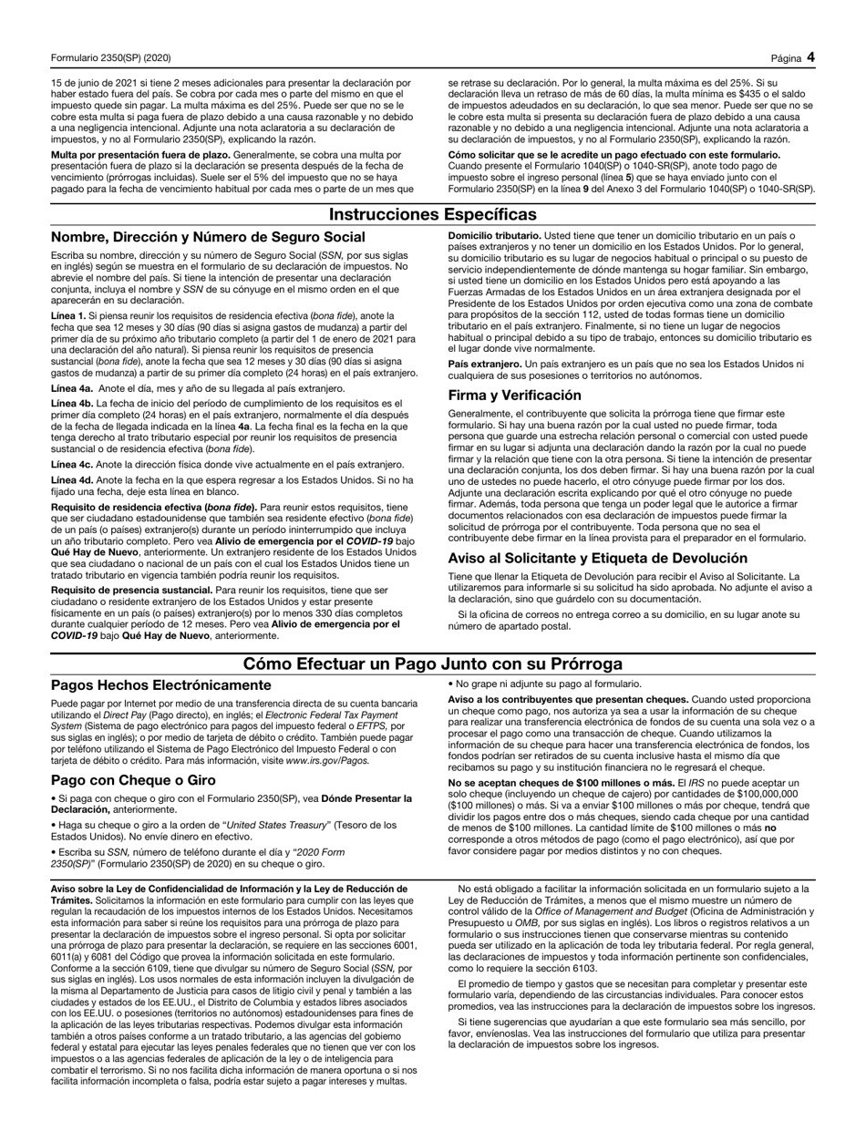 IRS Formulario 2350 (SP) Solicitud De Prorroga Para Presentar La Declaracion Del Impuesto Sobre El Ingreso Personal De Los Estados Unidos (Spanish), Page 4