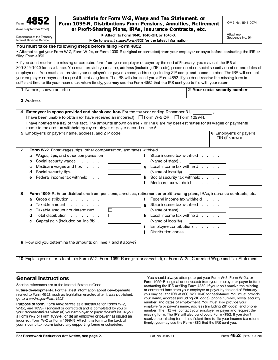 IRS Form 4852 Substitute for Form W-2, Wage and Tax Statement, or Form 1099-r, Distributions From Pensions, Annuities, Retirement or Profit-Sharing Plans, IRAs, Insurance Contracts, Etc., Page 1