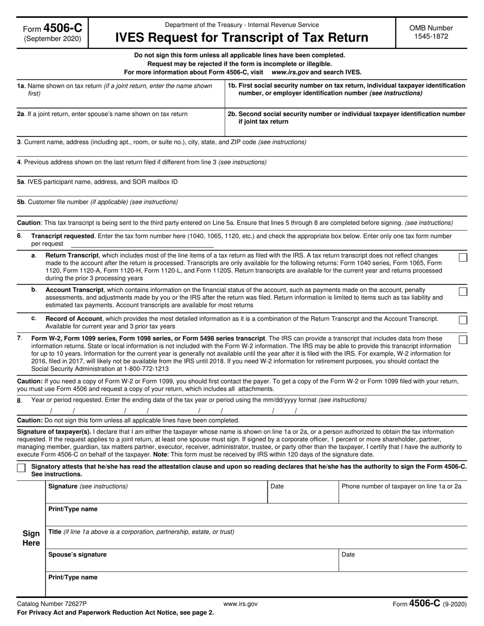 IRS Form 4506-C Ives Request for Transcript of Tax Return, Page 1