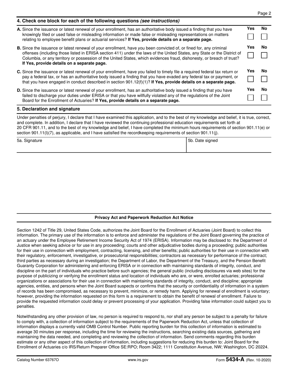 IRS Form 5434-A Joint Board for the Enrollment of Actuaries - Application for Renewal of Enrollment, Page 2
