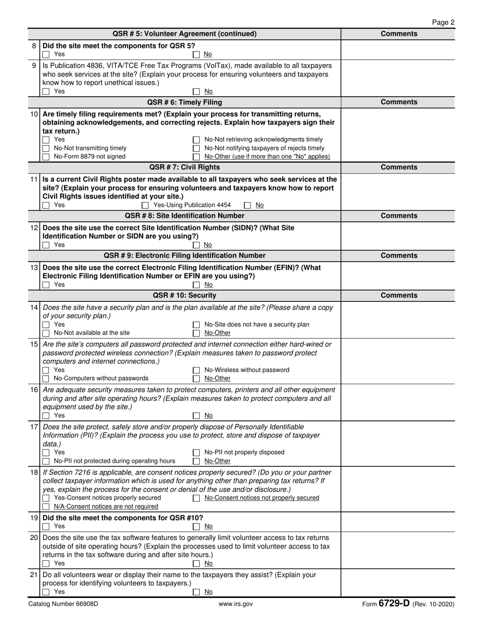 IRS Form 6729-D Site Review Sheet, Page 2