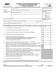Document preview: IRS Form 8027 Employer&#039;s Annual Information Return of Tip Income and Allocated Tips