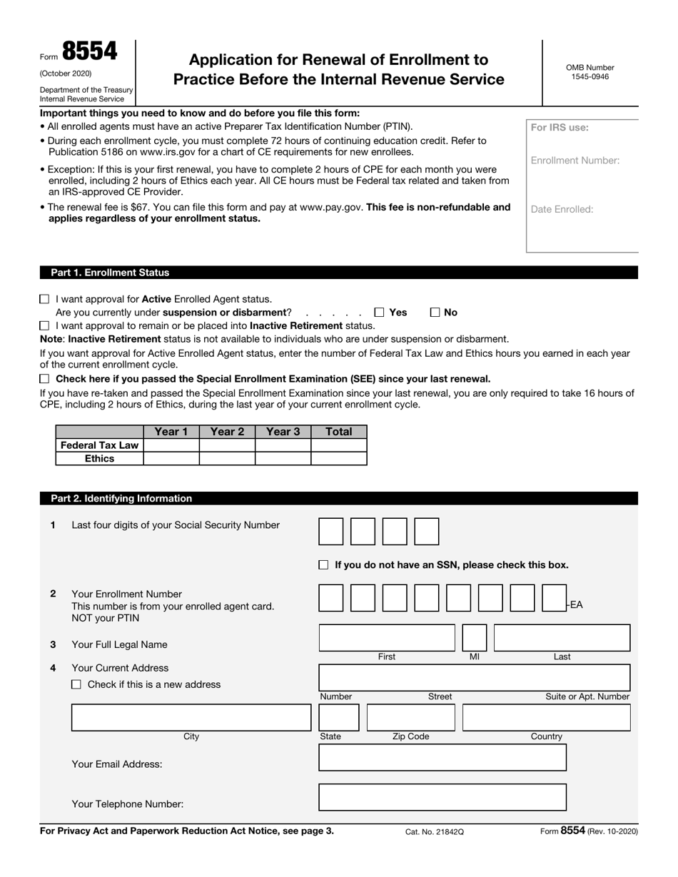 IRS Form 8554 Application for Renewal of Enrollment to Practice Before the Internal Revenue Service, Page 1