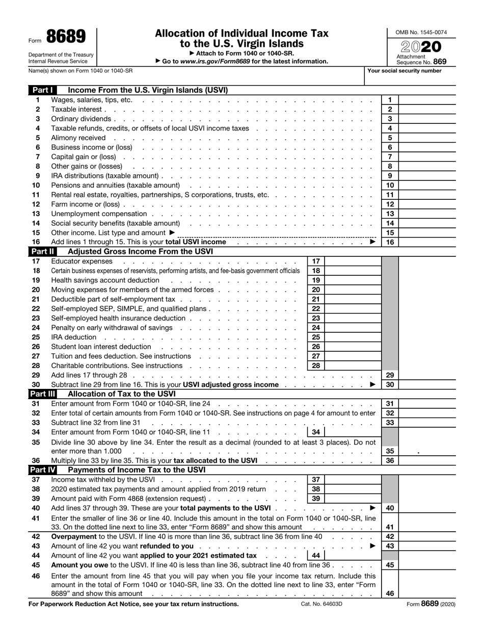 IRS Form 8689 Allocation of Individual Income Tax to the U.S. Virgin Islands, Page 1