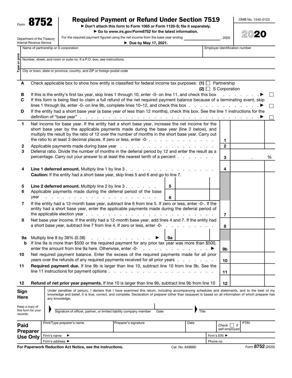 IRS Form 8752 Required Payment or Refund Under Section 7519, Page 1
