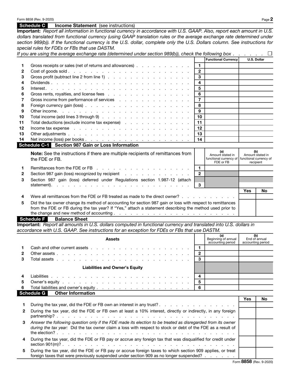 IRS Form 8858 Information Return of U.S. Persons With Respect to Foreign Disregarded Entities (Fdes) and Foreign Branches (Fbs), Page 2