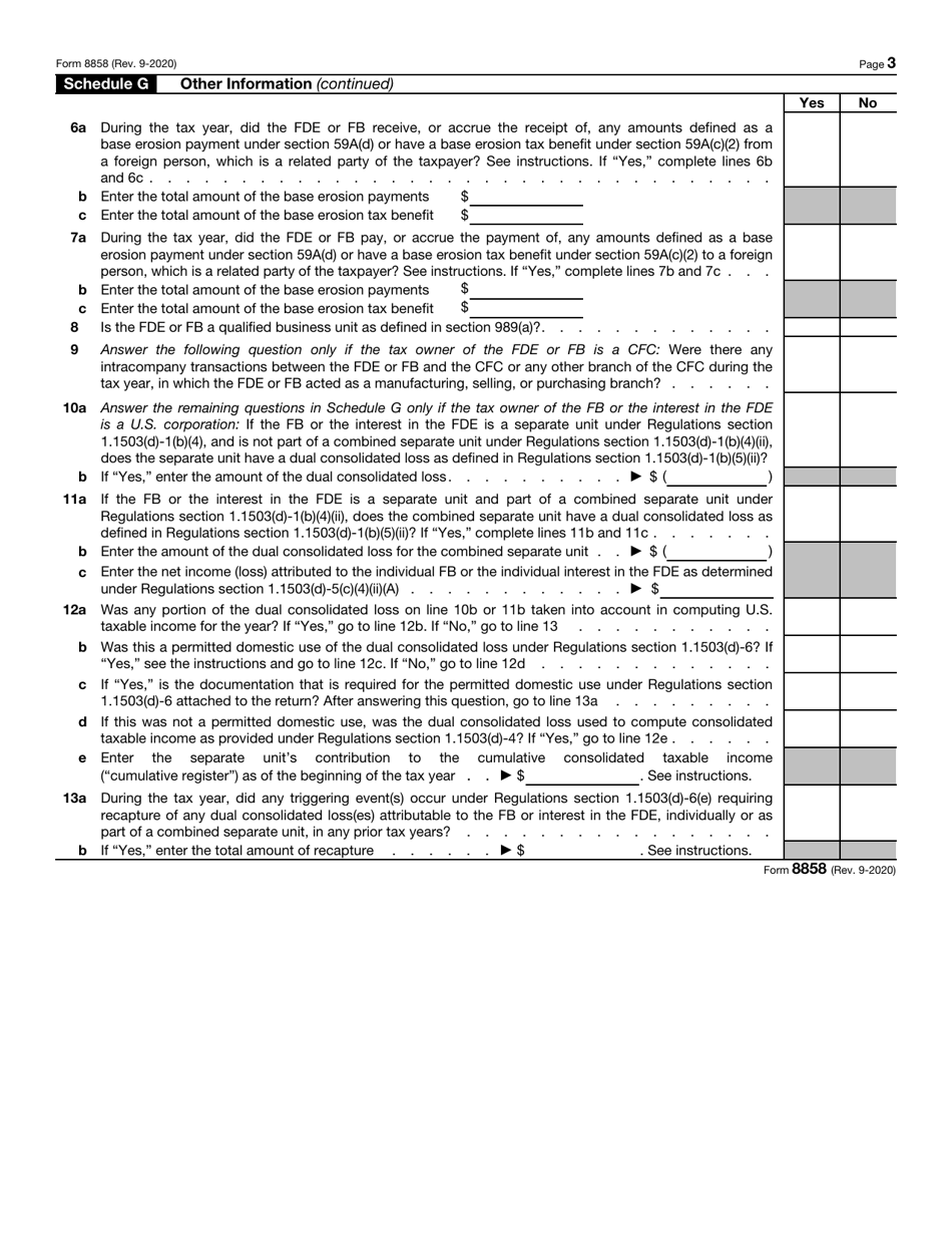 IRS Form 8858 Information Return of U.S. Persons With Respect to Foreign Disregarded Entities (Fdes) and Foreign Branches (Fbs), Page 3