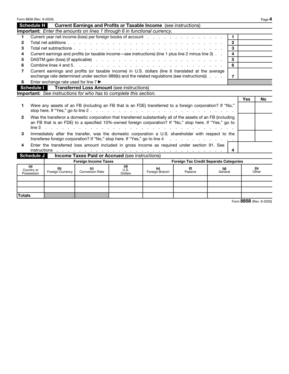 IRS Form 8858 Information Return of U.S. Persons With Respect to Foreign Disregarded Entities (Fdes) and Foreign Branches (Fbs), Page 4