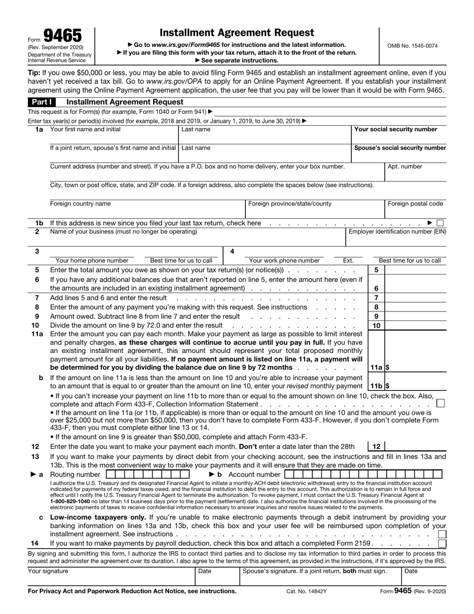 IRS Form 9465 Installment Agreement Request, Page 1