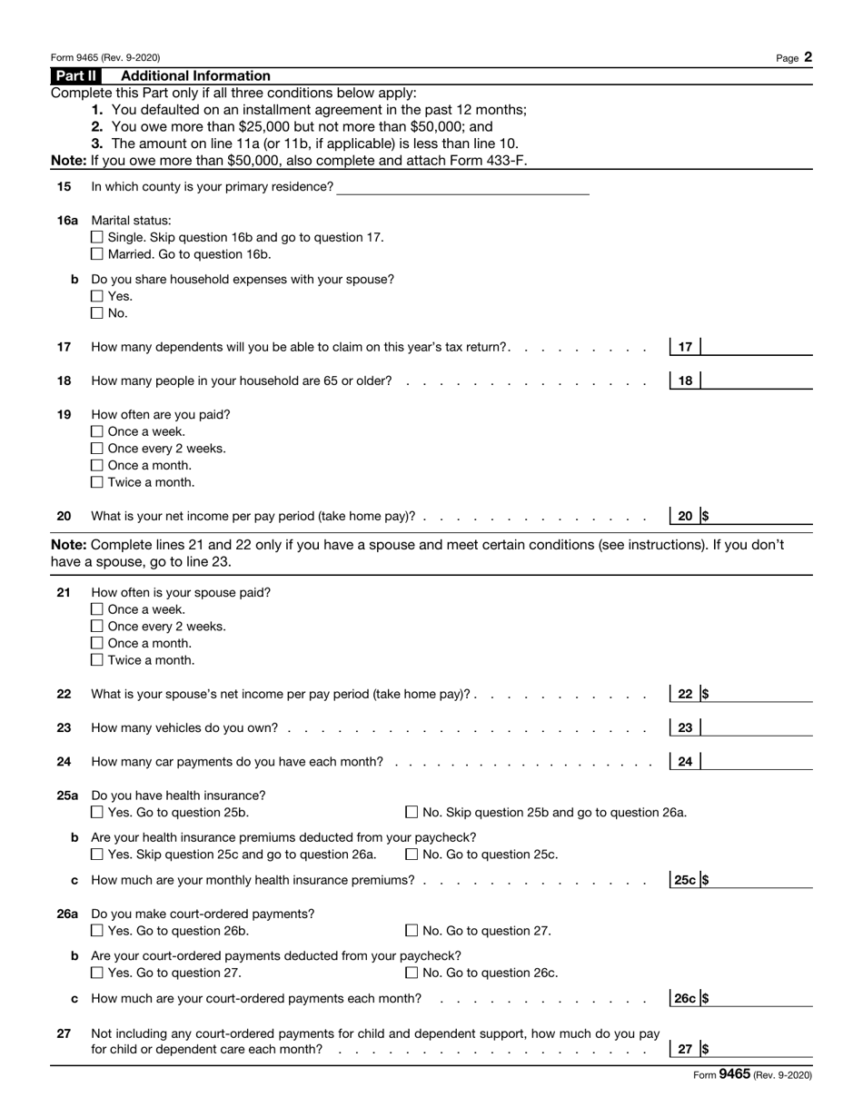 IRS Form 9465 Download Fillable PDF or Fill Online Installment ...