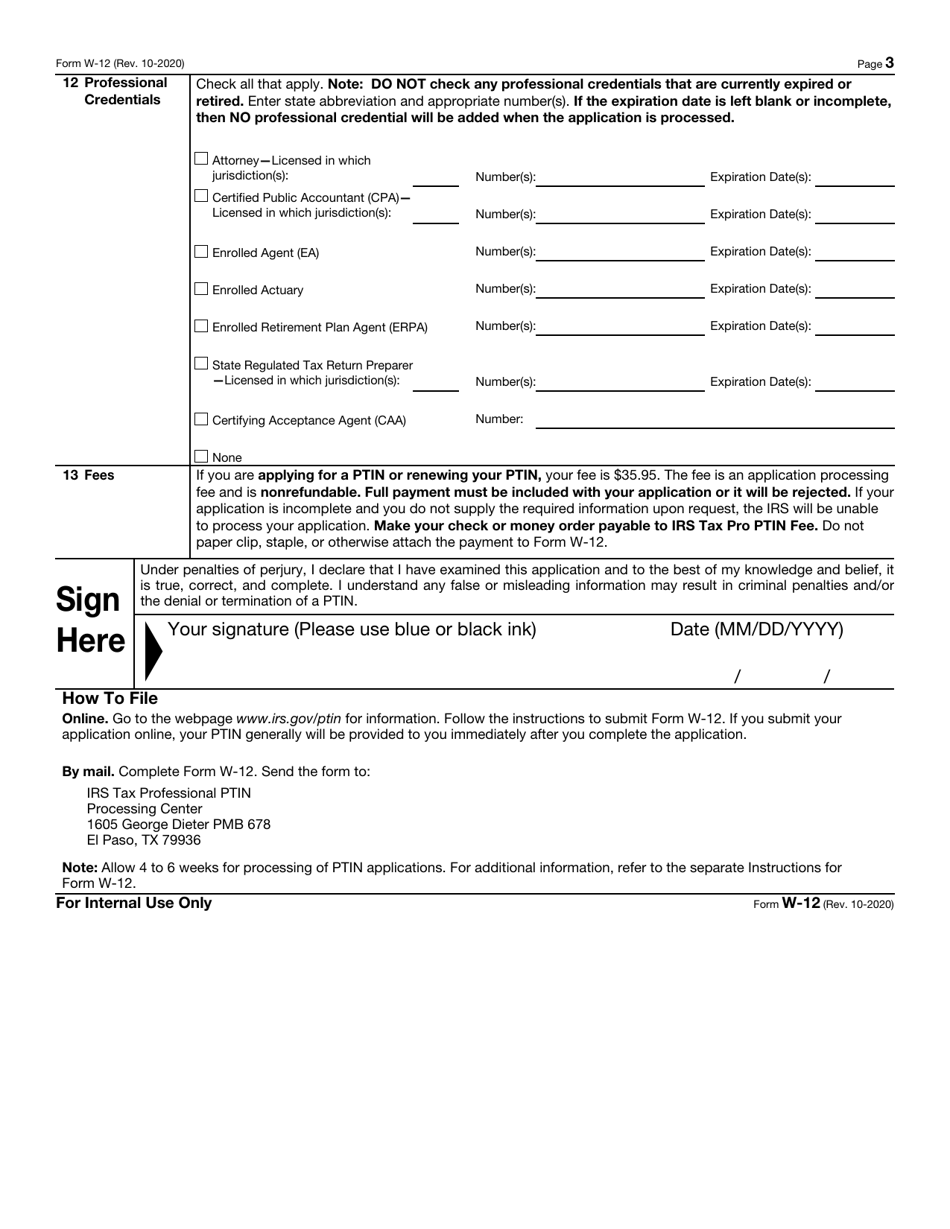 IRS Form W-12 IRS Paid Preparer Tax Identification Number (Ptin) Application and Renewal, Page 3