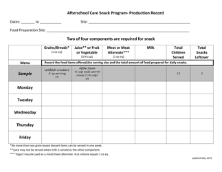 Afterschool Care Snack Program - Production Record - Arizona
