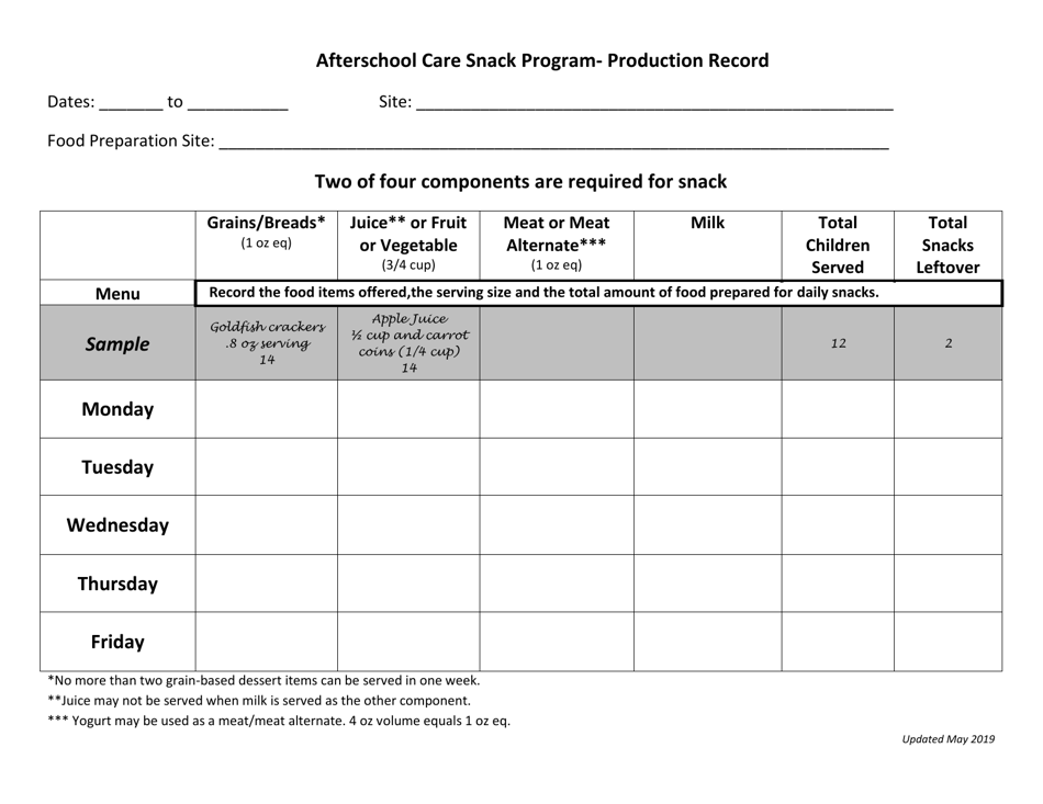 Afterschool Care Snack Program - Production Record - Arizona, Page 1